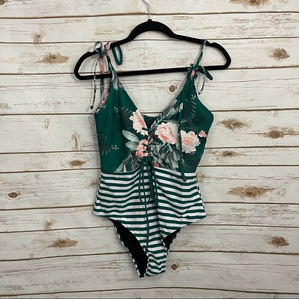 Boutique Green floral Lace Up One Piece Swimsuit NWOT